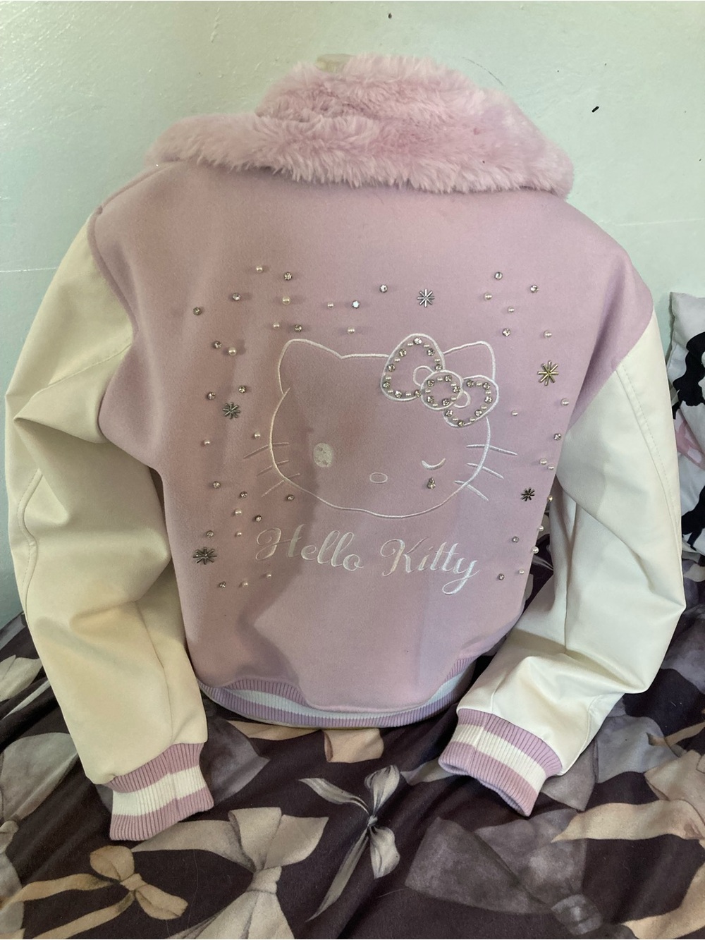 Hello Kitty Light Pink and Cream Faux Fur Collar Jacket